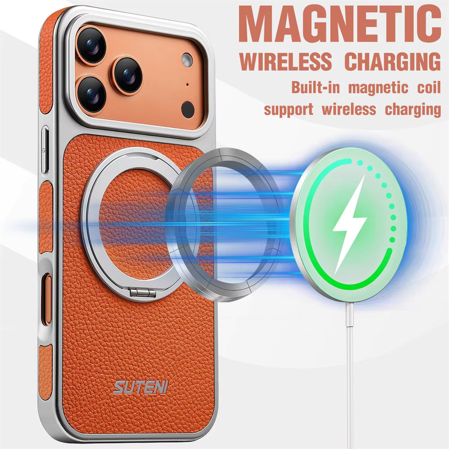 Xeber Magnetischer Ringständer mit Litschi-Textur für MagSafe iPhone Hüllen in Braun und Orange - Bild 3