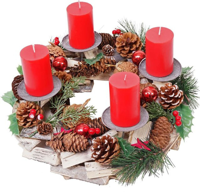Adventskranz MCW-H49 aus Holz mit 4 roten Stumpenkerzen, rund, Durchmesser: 33 cm - Bild 1