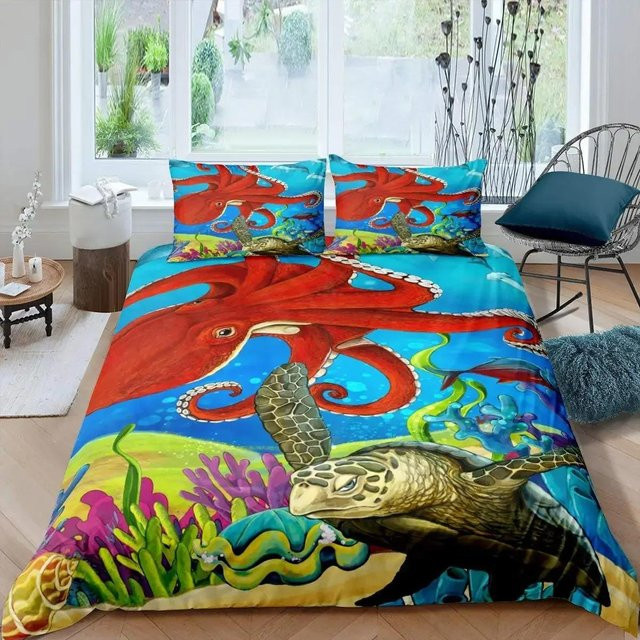 Bettwäsche Set Cartoon Oktopus mit Bettbezug und Kissenbezug aus Mikrofaser, Unterwasserwelt Design für Kinder, B/B: 135 x 200 cm, Mehrfarbig - Bild 1