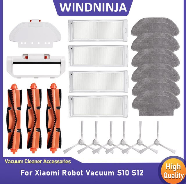 WINDNINJA Zubehör-Set für Xiaomi Roboterstaubsauger S10, S12, T12, B106GL, 3C und Mop 2S mit Hauptbürste, Seitenbürste, Wischtuch und Filter - Bild 1