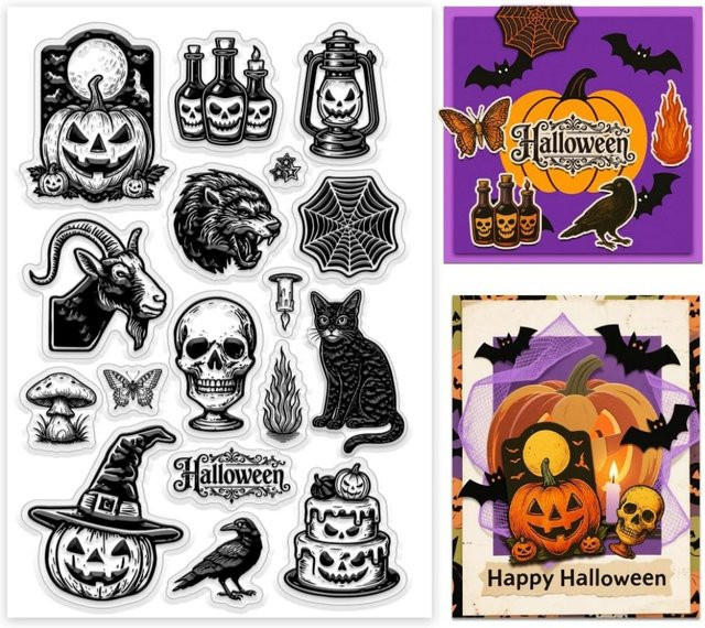 Transparenter Gummistempel mit Totenköpfen, Kürbissen, Krähen und schwarzer Katze in Schwarz für Karten und Bastelarbeiten - Bild 1