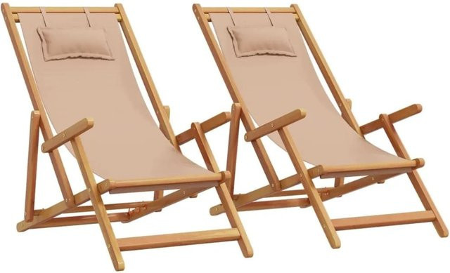 vidaXL Strandstühle 2er Set aus Massivholz und Stoff in Taupe/Beige, klappbare Gartenstühle für Balkon und Terrasse - Bild 1