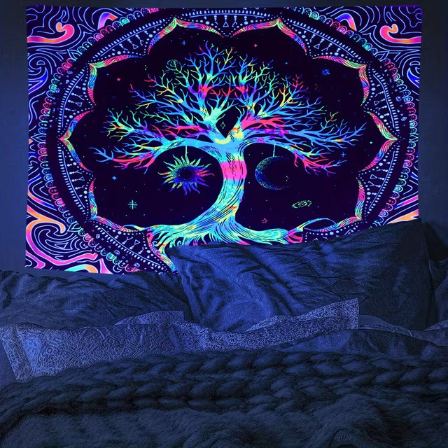 VIKAMA Baum des Lebens Wandteppich mit Schwarzlicht-Druck, Mandala Boho Wandbehang in Multicolour, Breite: 60 cm, Höhe: 40 cm - Bild 1