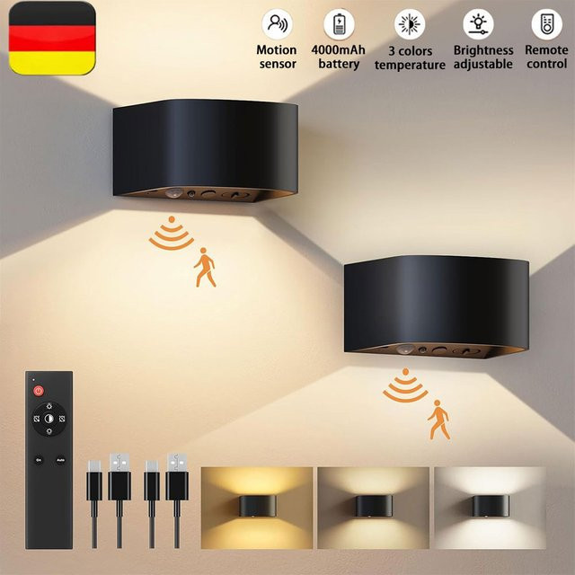 UMEXUS 2er-Set LED Wandleuchten mit Bewegungssensor, Schwarz, Up-and-Down Licht, 3 Farbtemperaturen und einstellbarer Helligkeit, wiederaufladbar - Bild 1