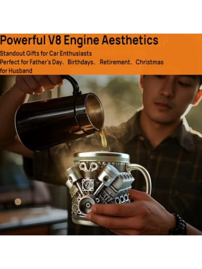 XMSJ 3D V8 V6 Motor Kaffeebecher aus Edelstahl in Silber, isolierter Becher für Mechaniker und Auto-Liebhaber - Bild 6
