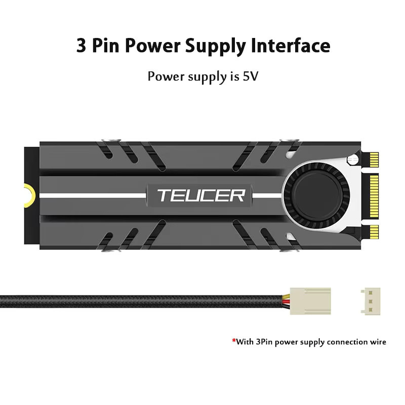 TEUCER M.2 NVMe SSD Kühlkörper mit aktivem Lüfter und Wärmeleitpad, Schwarz - Bild 3