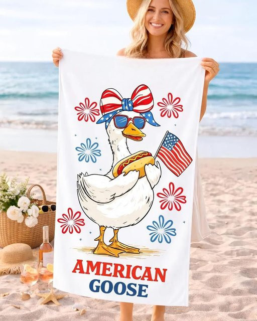 JMG Household Supplies Strandtuch mit amerikanischer Flagge und Gans Motiv, schnelltrocknendes Mikrofaser-Badetuch, B/H: 50 x 100 cm, Weiß - Bild 1