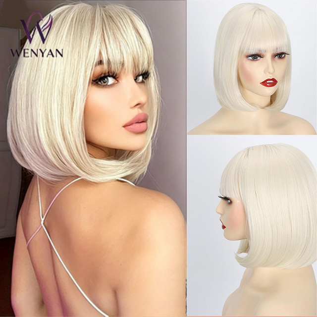 WENYAN Bob-Perücke, 14 Zoll, Platinblonde Synthetische Haarperücke mit Pony, Damen - Bild 1