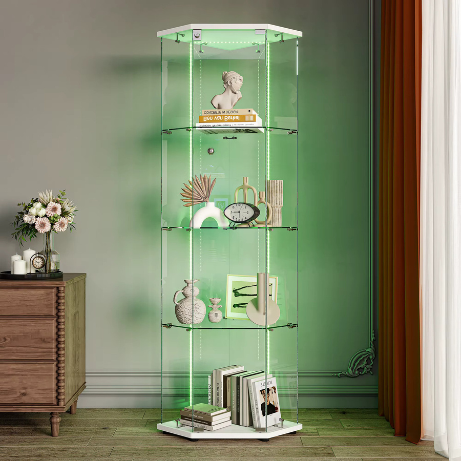 Rosahqnda Eck-Glasvitrine mit LED-Beleuchtung, moderne stehende Ausstellungsvitrine mit Glastüren in Schwarz und Transparent - Bild 2
