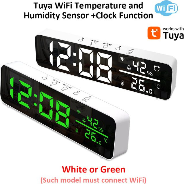 Tuya WiFi LED Wecker mit Temperatur- und Feuchtigkeitssensor, USB Desktop Spiegeluhr in Weiß - Bild 1