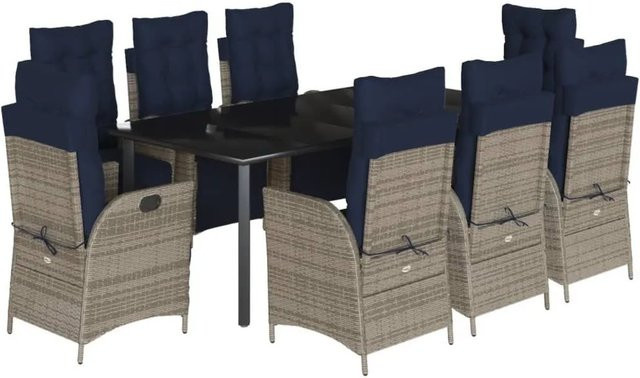 vidaXL 9-teilige Garten-Essgruppe aus Poly Rattan mit Kissen in Grau und Glasplatte - Bild 1