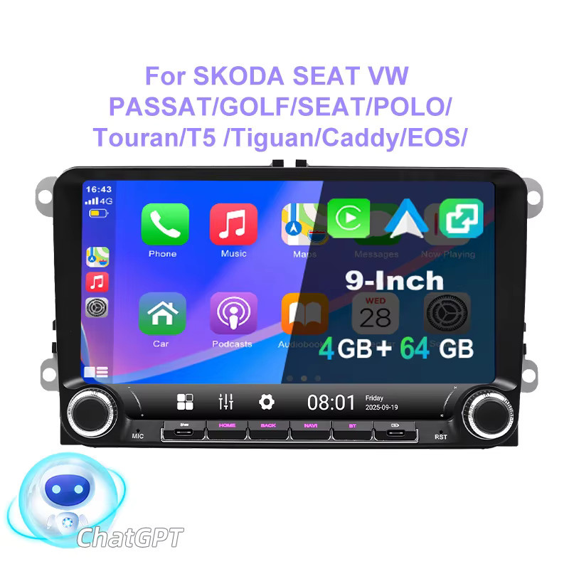 Essgoo Android 15 Autoradio mit 9 Zoll Display, 4GB RAM, 64GB Speicher, kabelloses CarPlay, Android Auto, GPS, Bluetooth und WLAN für Skoda Seat VW Passat Golf Polo Tiguan Touran Jetta, Schwarz - Bild 6