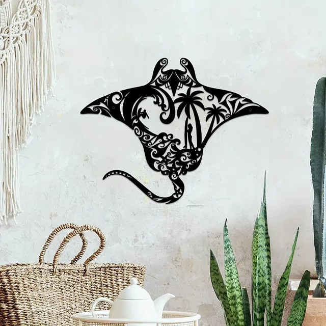 CIFBUY Wandkunst aus Metall Manta Ray Stranddekor in Schwarz mit Surfbrett, Wellen, Seestern und Palmen Silhouette - Bild 1