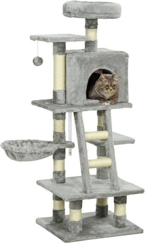 PawHut Kratzbaum für Katzen in Grau mit Plüsch, Höhle und integriertem Spielzeug, B/T/H: 44 x 49 x 132 cm - Bild 3