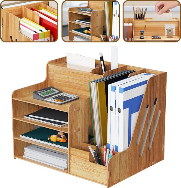 4-stufiger Schreibtisch-Organizer aus Holz in Braun mit Stifthalter und Ablage für A4-Dokumente und Bürobedarf - Bild 1