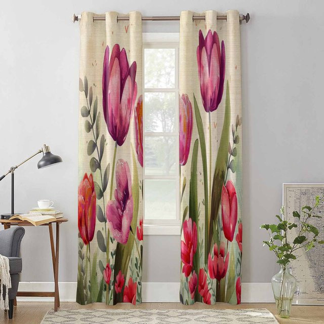 Binchi Vorhang mit Tulpen-Blumenmuster, halbtransparent, mehrfarbig, Breite: 135 cm, Höhe: 92 cm - Bild 1