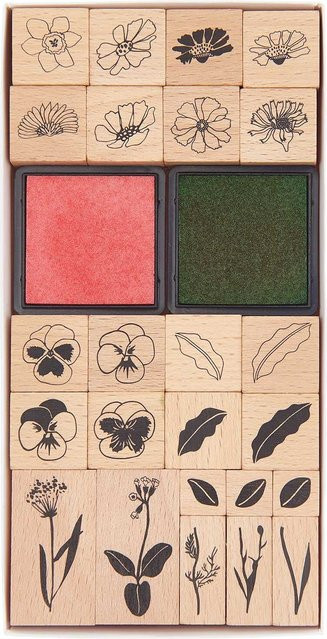 Rico Design Paper Poetry Stempelset Futschikato Blumen in Rosa und Grün aus Holz - Bild 1