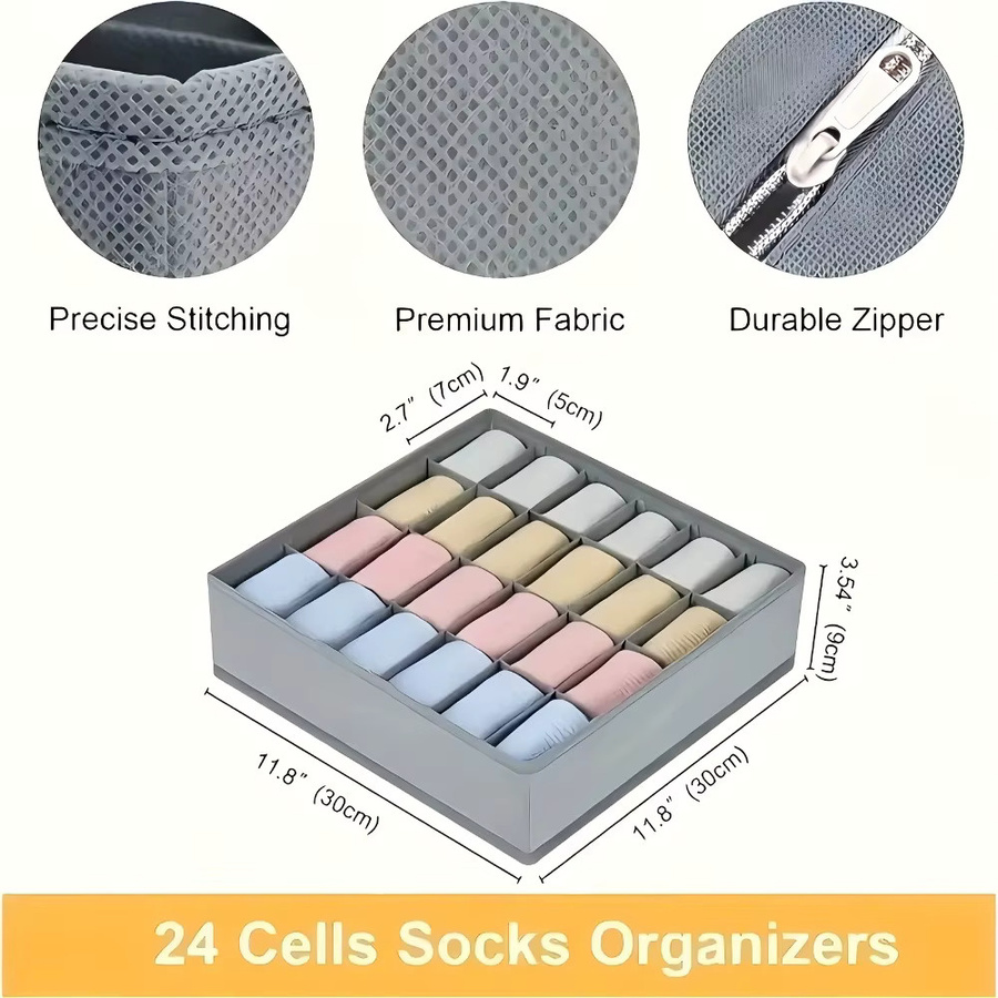 24-teiliger grauer Stoff-Schubladenorganizer aus faltbarem Material mit Trennern für Socken, Unterwäsche und Krawatten, B/T/H: 24 x 30 x 9 cm und 24 x 24 x 9 cm - Bild 5