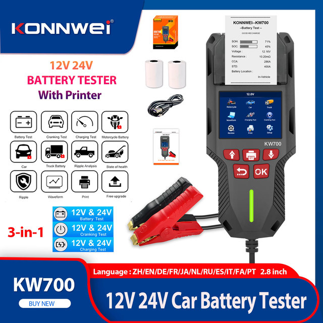 KONNWEI KW700 Batterietester für Auto, LKW und Motorrad mit Drucker, 12V/24V, 10-2000CCA, Diagnosegerät für Spannung, CCA, SOC und SOH, Schwarz - Bild 1