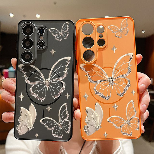 Magnetische Handyhülle mit Retro Schmetterling-Druck für Samsung Galaxy S26 S25 S24 S23 S22 Ultra Edge FE A56 A55 A37 A36 A17 A16 Cover in Orange - Bild 1