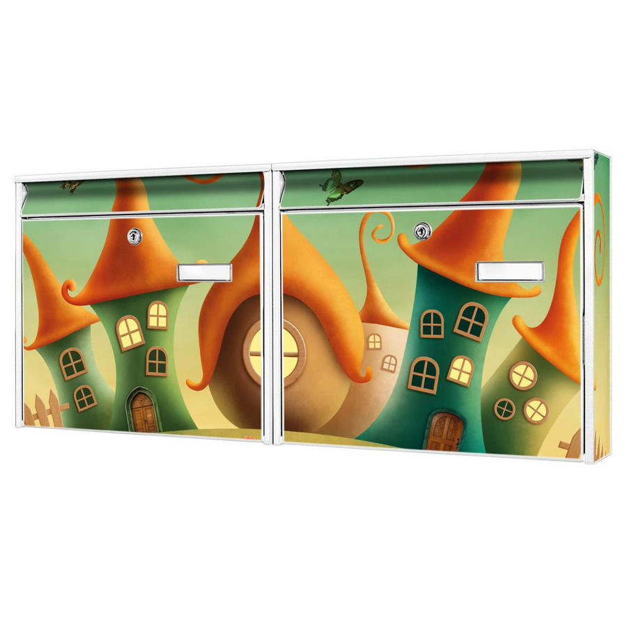 banjado Burg Wächter Briefkastenanlage für Mehrfamilienhäuser in Weiß, verzinkt und lackiert mit Zwergenhausen Motiv, inklusive 2 Schlüssel, H x B x T: 72,5 x 32,2 x 10 cm - Bild 1