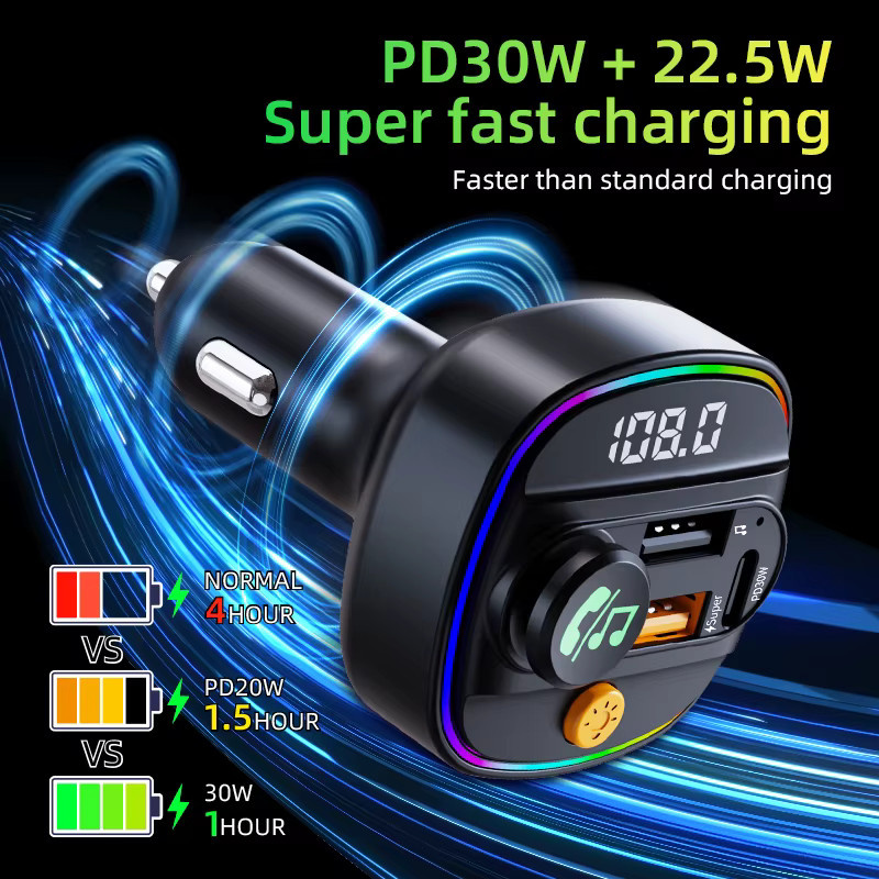 LUTU Bluetooth 5.4 FM-Transmitter mit Freisprecheinrichtung, MP3-Player und PD30 W Schnellladeadapter in Schwarz - Bild 2