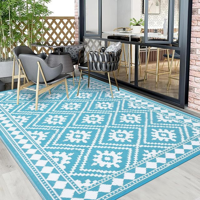 Lodestar Außenteppich im böhmischen Stil, geometrisches Design in Türkis, B/T: 230 x 160 cm - Bild 1