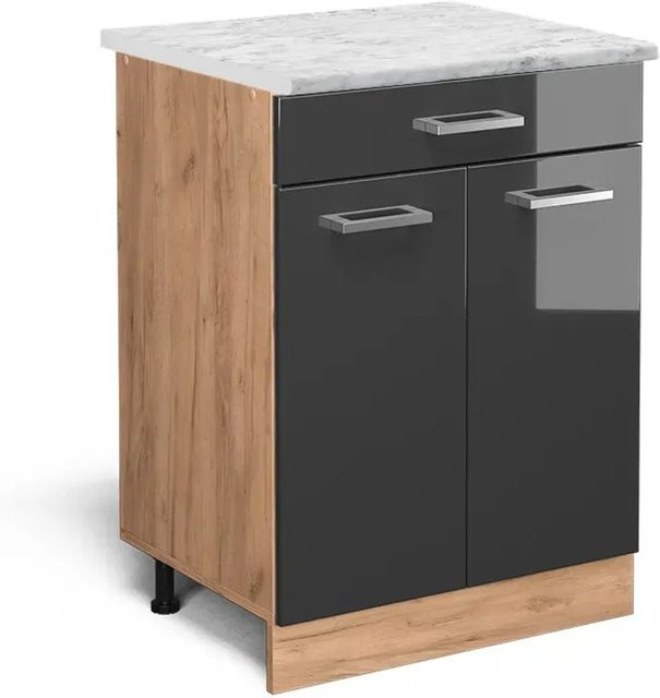 Vicco Küchenschrank R-Line Schubladenschrank in Anthrazit Hochglanz und Eiche mit Marmor-Optik, B/T/H: 60 x 46 x 81,6 cm - Bild 1