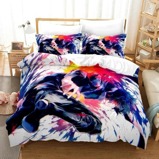 Anime Tokyo Ghoul Kaneki Ken Bettwäsche-Set mit 3D Design Druckmuster, bestehend aus 1 Bettbezug und 2 Kissenbezügen, Mikrofaser Multicolor, B/H: 135 x 200 cm - Bild 1