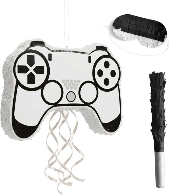 Relaxdays Pinata Set Weiß mit Schlagstock und Augenmaske, befüllbar, B/T/H: 32 x 42 x 8 cm - Bild 1