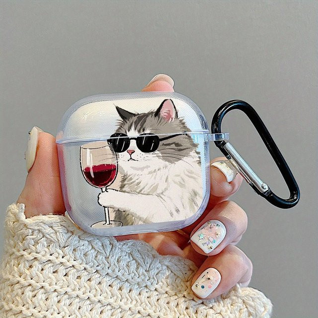 Transparente Schutzhülle für Apple AirPods Pro 2, Pro 3 und AirPods 1, 2, 3, 4 mit Katzen-Muster und Rotwein-Motiv - Bild 1