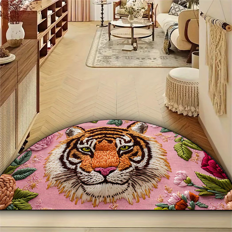 VIKAMA Halbkreisförmige Bodenmatte mit Tiger- und Blumenmuster in Rosa, dekorativer Teppich für den Eingangsbereich, B: 60 cm, T: 40 cm, H: 1 cm - Bild 4