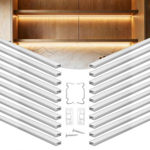 VEVOR LED Profil 20er-Pack in U-Form, silberne Aluminiumprofile mit milchiger Abdeckung, Endkappen und Befestigungsclips für LED-Streifen, ideal für Unterbau-Arbeitsplatten und Möbel - Bild 1