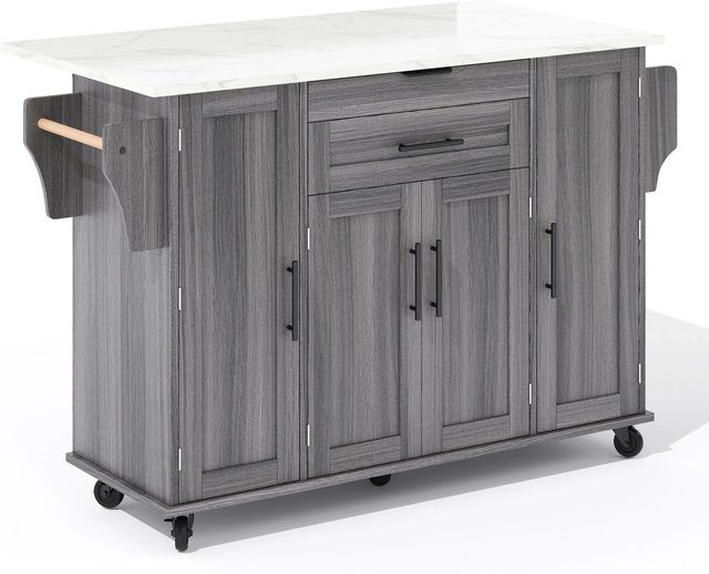 Merax Mobile Kücheninsel in Grau mit Ausziehplatte, Besteckschublade, Einlegeböden, Gewürzregal und Handtuchhalter, B/T/H: 120 x 45 x 92 cm - Bild 1