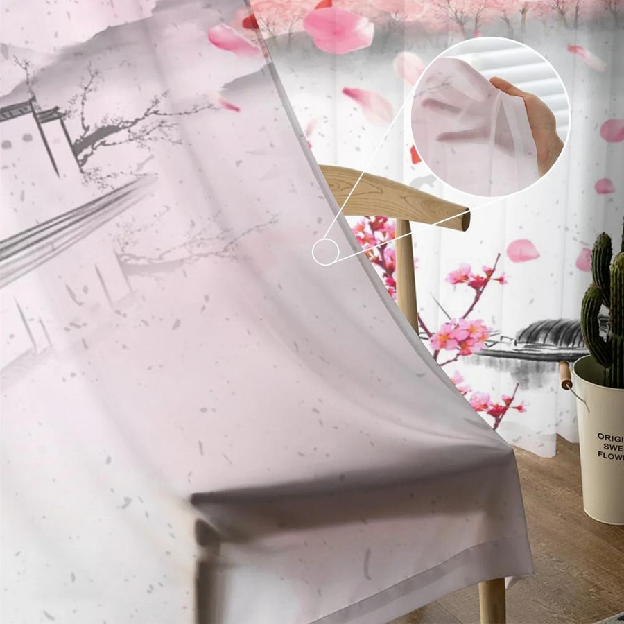 Yiran Furniture Transparenter Tüllvorhang mit Kirschblüten-Design in Rosa, Breite: 135 cm, Höhe: 115 cm - Bild 2