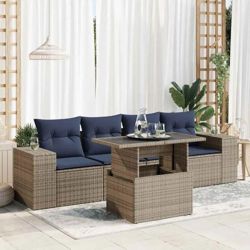 5-tlg. Garten-Sofagarnitur aus Poly-Rattan und Akazie in Grau mit Kissen von vidaxl - Bild 1