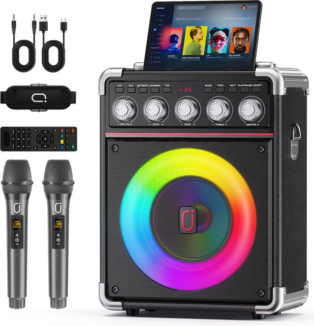 FanFun TX05 Karaoke-Maschine in Schwarz mit 2 kabellosen Mikrofonen, RGB-Licht und Unterstützung für TF, USB, AUX sowie TWS für deine Home Party - Bild 1