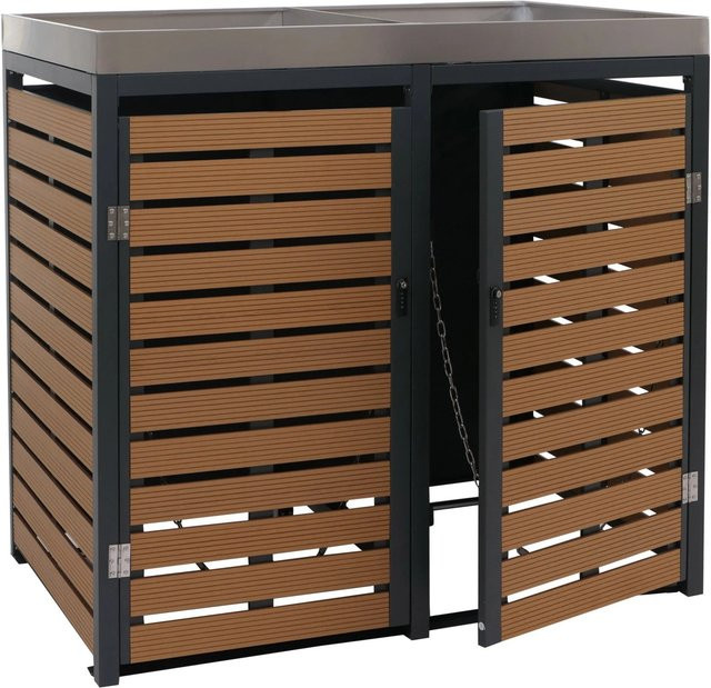 PROREGAL 2er Mülltonnenverkleidung mit Pflanzkasten in Teak-Optik aus WPC und Edelstahl, H x B x T: 124 x 134 x 84 cm, braun - Bild 1