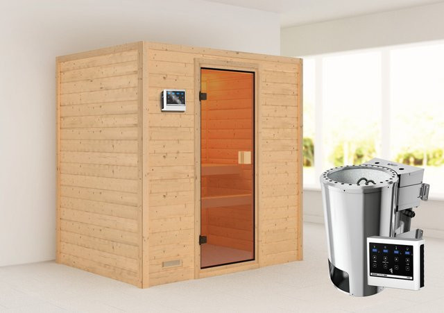 Karibu Massivholzsauna Selena Bio-Kombisauna aus Fichte in Natur mit 3,6 kW BioKombiofen und externem Steuergerät B/T/H: 195 x 145 x 187 cm - Bild 1
