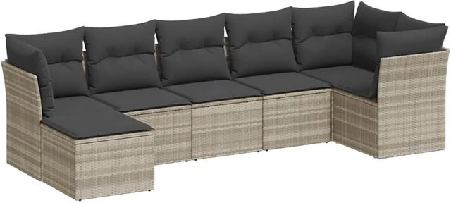 vidaXL 7-teilige Garten-Sofagarnitur aus Polyrattan in Grau mit Kissen und Ottoman - Bild 1
