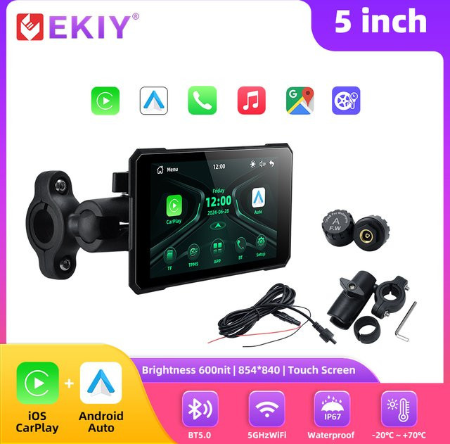 EKIY Tragbares Motorrad-Display mit GPS, wasserdicht, kabellos, Android und CarPlay, Schwarz, 12,7 cm - Bild 1