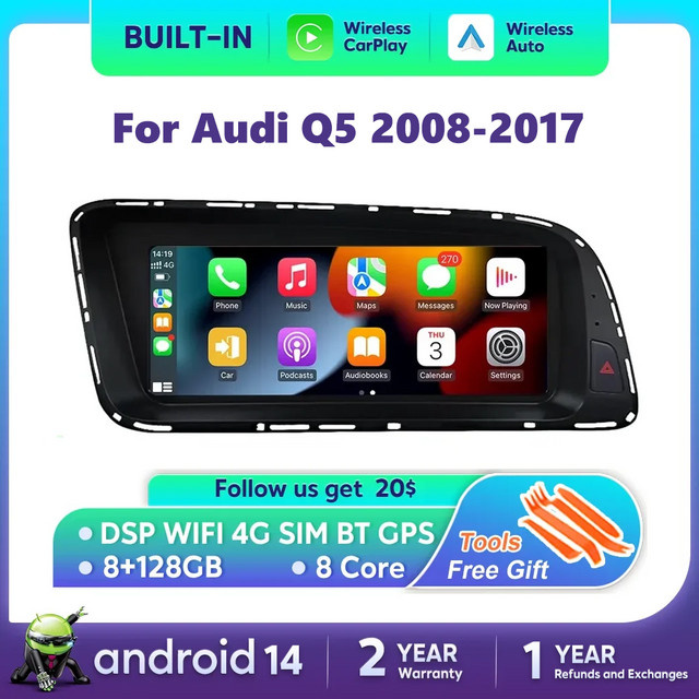 Nunoo Android 14 Multimedia Player für Audi Q5 2008-2017 mit Wireless Carplay, GPS, 4G, WiFi und DSP, Schwarz - Bild 1