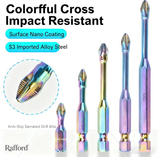 Rafford 5-teiliges Schlagschraubendreher-Bit-Set aus S3-Stahl, PH2 Kreuzschlitz, magnetisch und rutschfest, farbig, Länge: 50–150 mm - Bild 1
