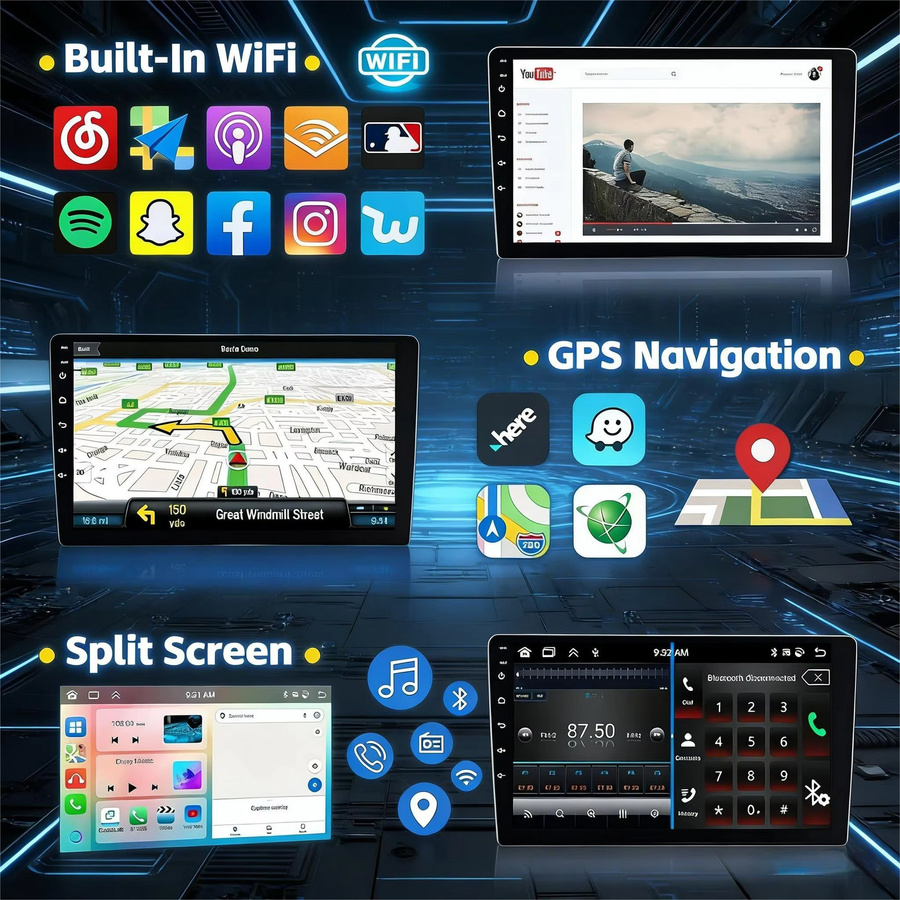 ESSGOO Android 15 Universal Autoradio mit 10.1 Zoll drehbarem Touchscreen, 4+64G/6+128G, Wireless Carplay, Android Auto, GPS, Bluetooth, WIFI, Mirror Link und Lenkradsteuerung in Schwarz - Bild 5