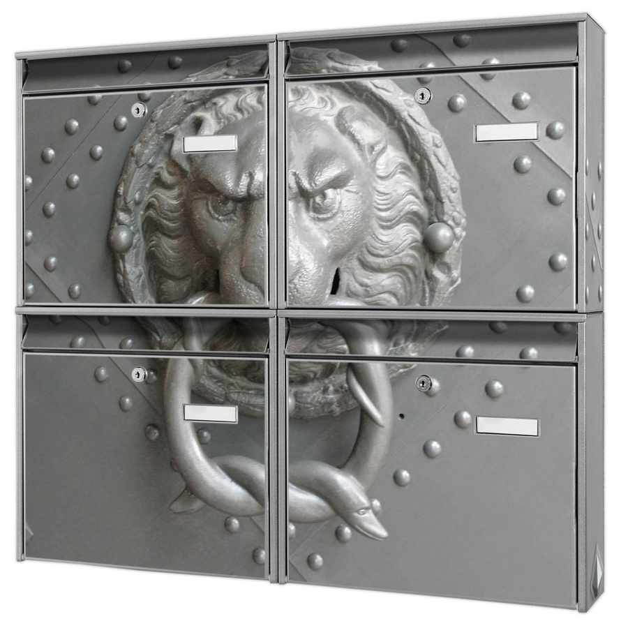 banjado Burg Wächter Briefkastenanlage für 4 Parteien in Silber mit Motiv Eisentor, B/H/T: 64,5 x 72,5 x 10 cm, verzinkt und lackiert - Bild 1