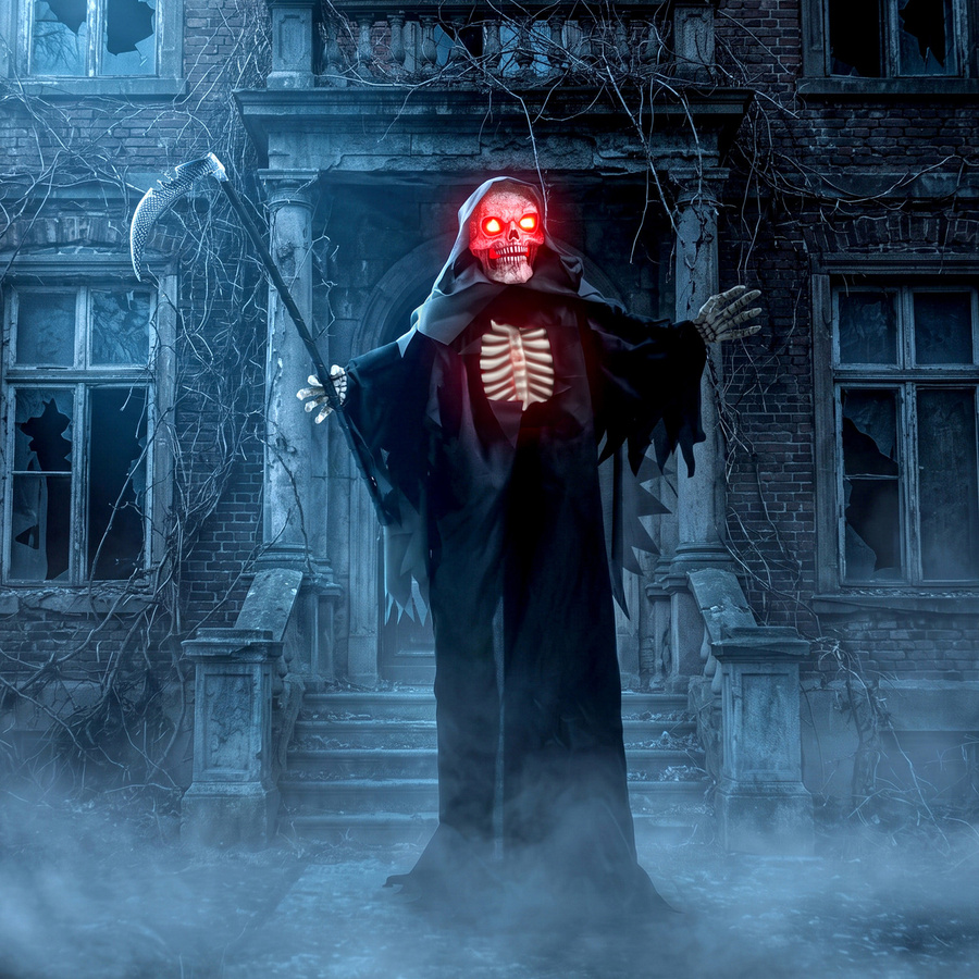HOMCOM Animierter Sensenmann Halloween Deko mit Sound- und Berührungsaktivierung, leuchtenden Augen und Brustkorb, Farbe: Rot/Schwarz, Höhe: 170 cm - Bild 2