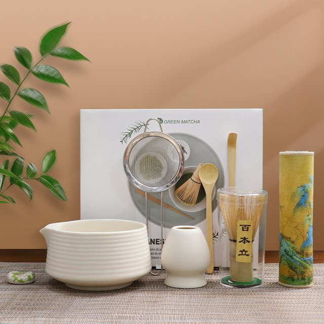 bespritgift Matcha-Set Premium 8-teiliges Keramik-Teezubehör in Pink und Weiß für die Matcha-Zeremonie - Bild 1