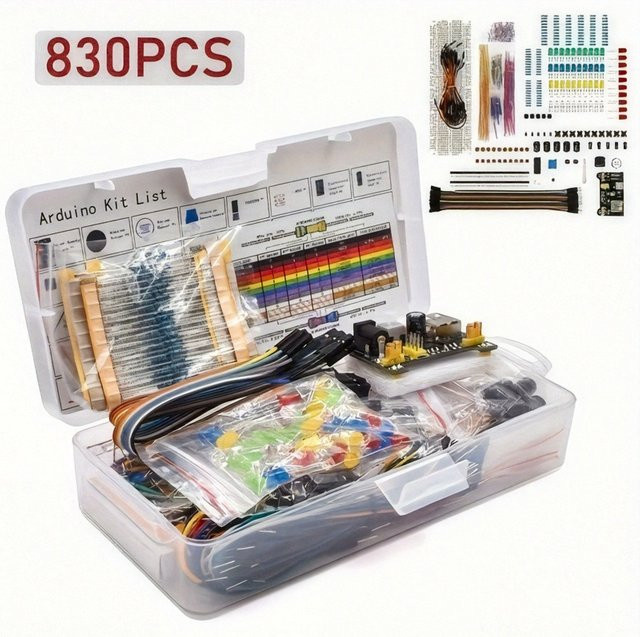 HXTUO MB-102 Elektronisches Komponenten-Kit für Anfänger mit 830-Loch-Steckplatinen, LEDs, Widerständen und Elektrolytkondensatoren, Multicolor - Bild 1