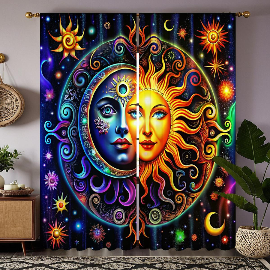 2er-Set Dekorative Vorhänge von Household supplies MH mit Sternenhimmel Sonne und Mond Motiv in Lila, Breite: 132 cm, Höhe: 160 cm - Bild 2