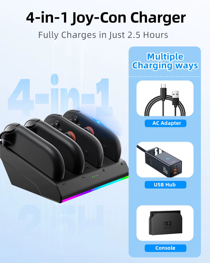 aolion Ladestation und Dockingstation für Nintendo Switch 2 inklusive Ladekabel und Controller-Ladegerät mit Kontrollleuchte in Schwarz oder Blau - Bild 3